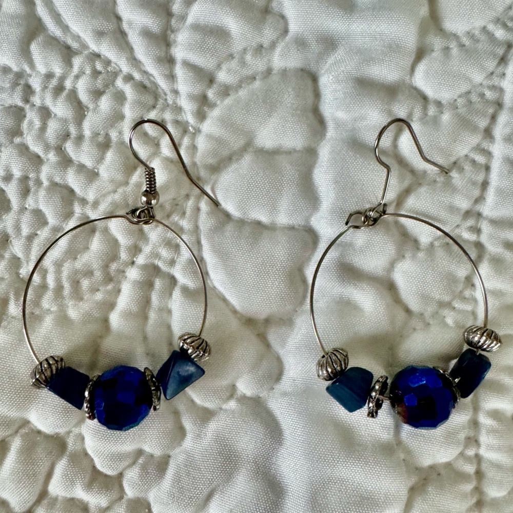Elegant Blue Beaded Hoop Earrings